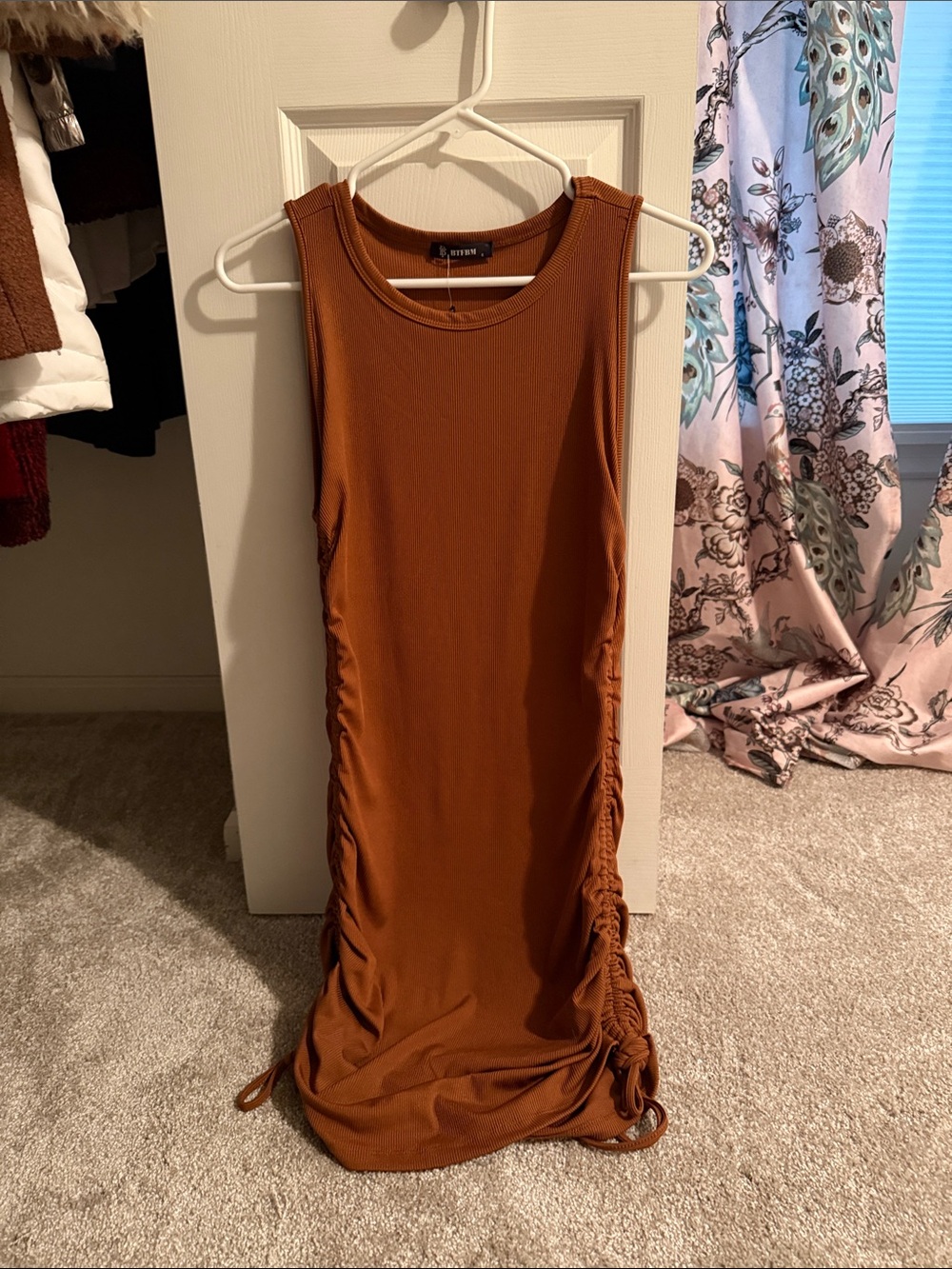 Sleeveless Ruched Midi Dress in Rust